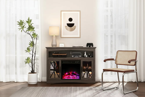 Heynemo Farmhouse TV Stand with 18'' Fireplace Insert, 47'' TV Console with Glass Doors & LED Lights, Media Entertainment Center with Shelves