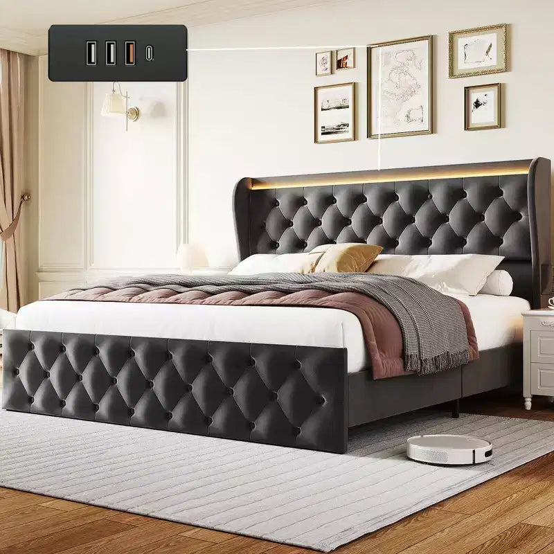 Struttura Letto King con Luci LED e Stazione di Ricarica, Struttura Letto con Piattaforma Imbottita in Velluto e Testiera ad Ali, Silenziosa/Nessuna Molla Richiesta