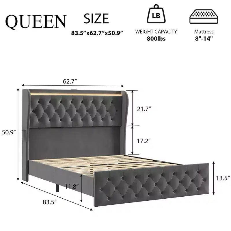 Struttura Letto King con Luci LED e Stazione di Ricarica, Struttura Letto con Piattaforma Imbottita in Velluto e Testiera ad Ali, Silenziosa/Nessuna Molla Richiesta