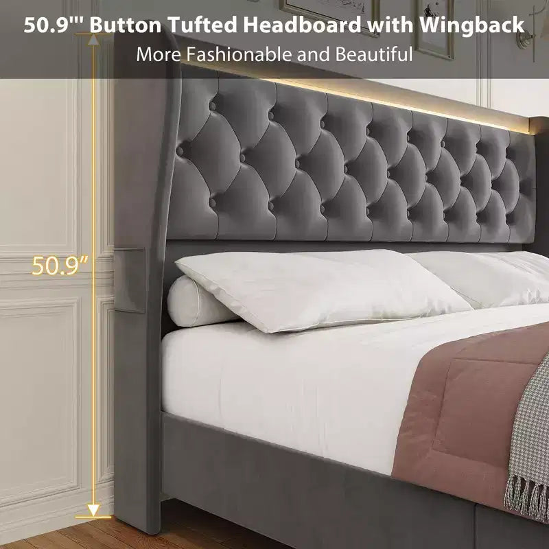 Struttura Letto King con Luci LED e Stazione di Ricarica, Struttura Letto con Piattaforma Imbottita in Velluto e Testiera ad Ali, Silenziosa/Nessuna Molla Richiesta