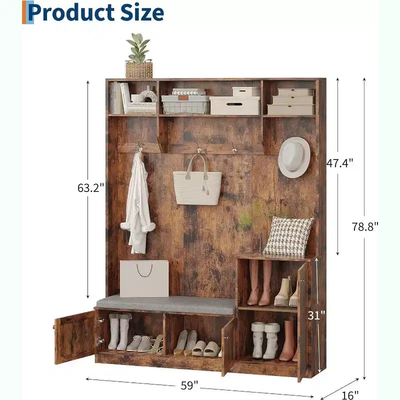 Mobile da ingresso 5-in-1 da 79" con panca, appendiabiti, 4 ganci, armadietti e mensole, Bianco rustico