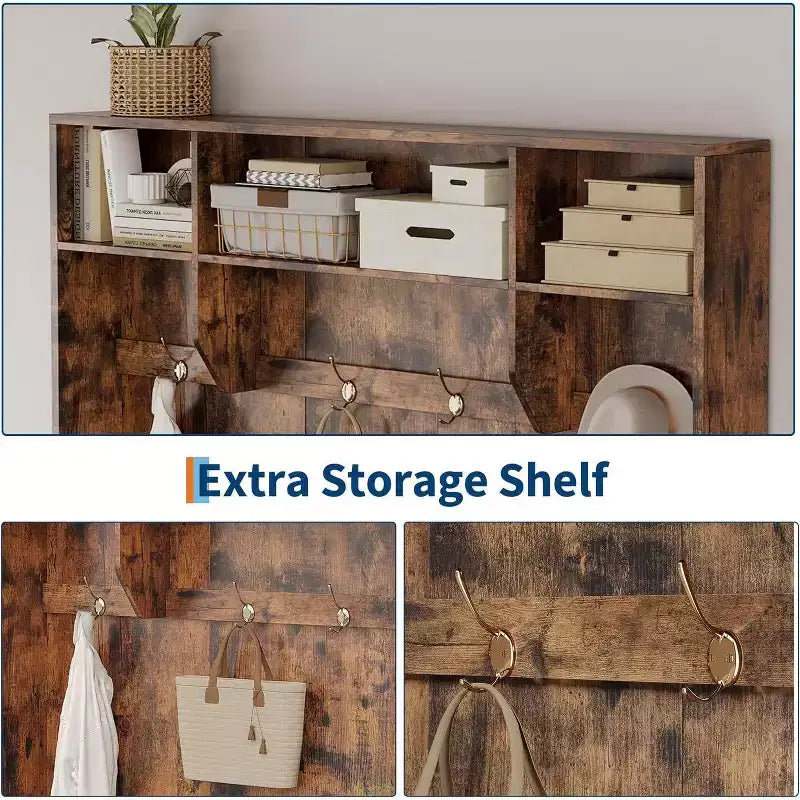 Mobile da ingresso 5-in-1 da 79" con panca, appendiabiti, 4 ganci, armadietti e mensole, Bianco rustico