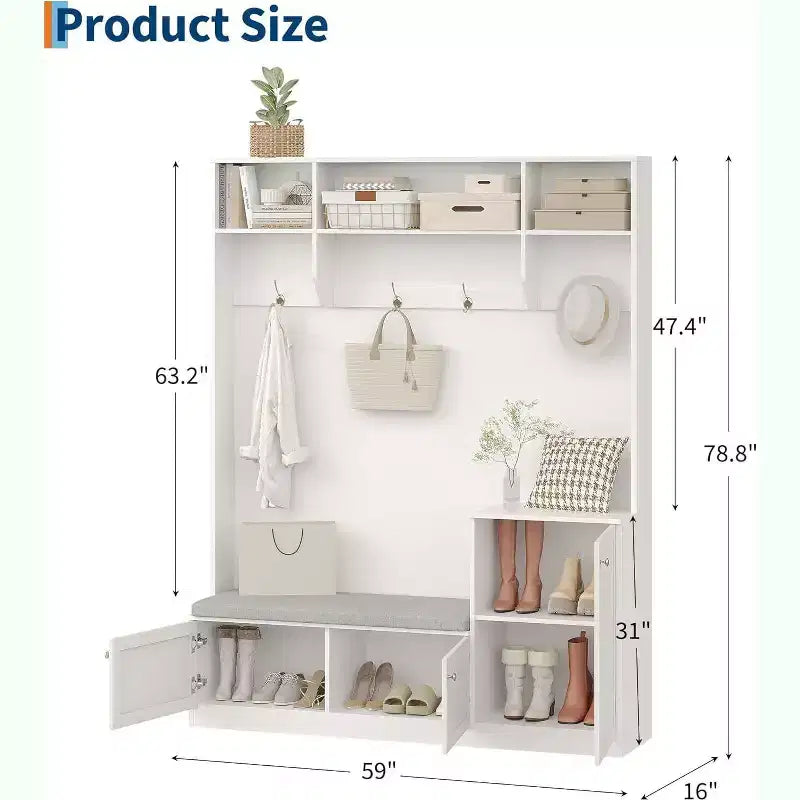 Mobile da ingresso 5-in-1 da 79" con panca, appendiabiti, 4 ganci, armadietti e mensole, Bianco rustico