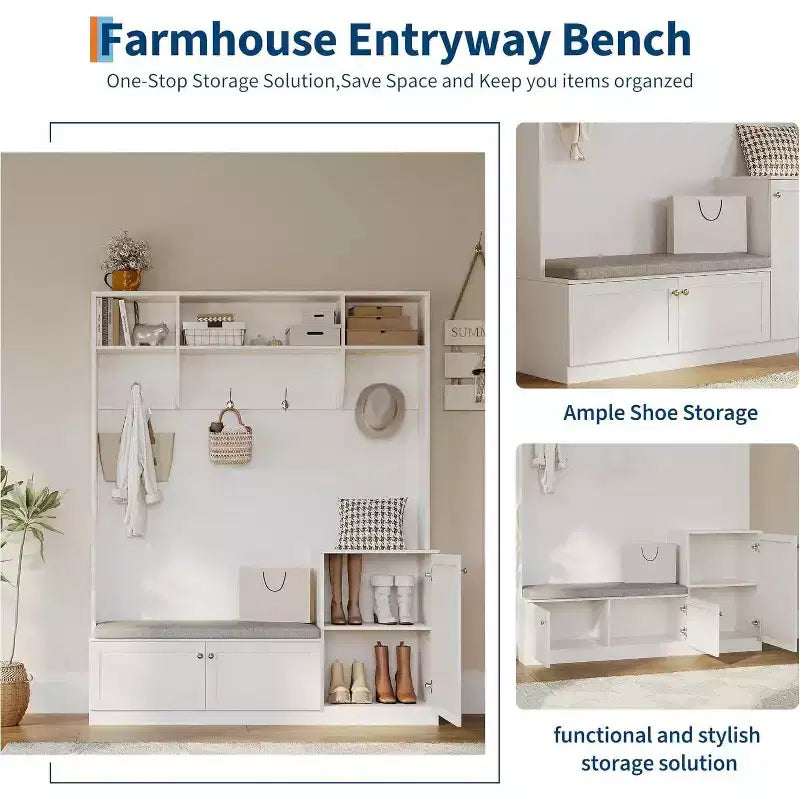 Mobile da ingresso 5-in-1 da 79" con panca, appendiabiti, 4 ganci, armadietti e mensole, Bianco rustico