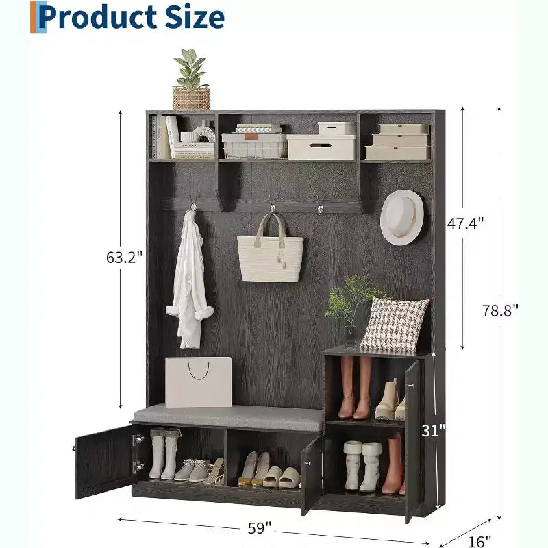 Mobile da ingresso 5-in-1 da 79" con panca, appendiabiti, 4 ganci, armadietti e mensole, Bianco rustico