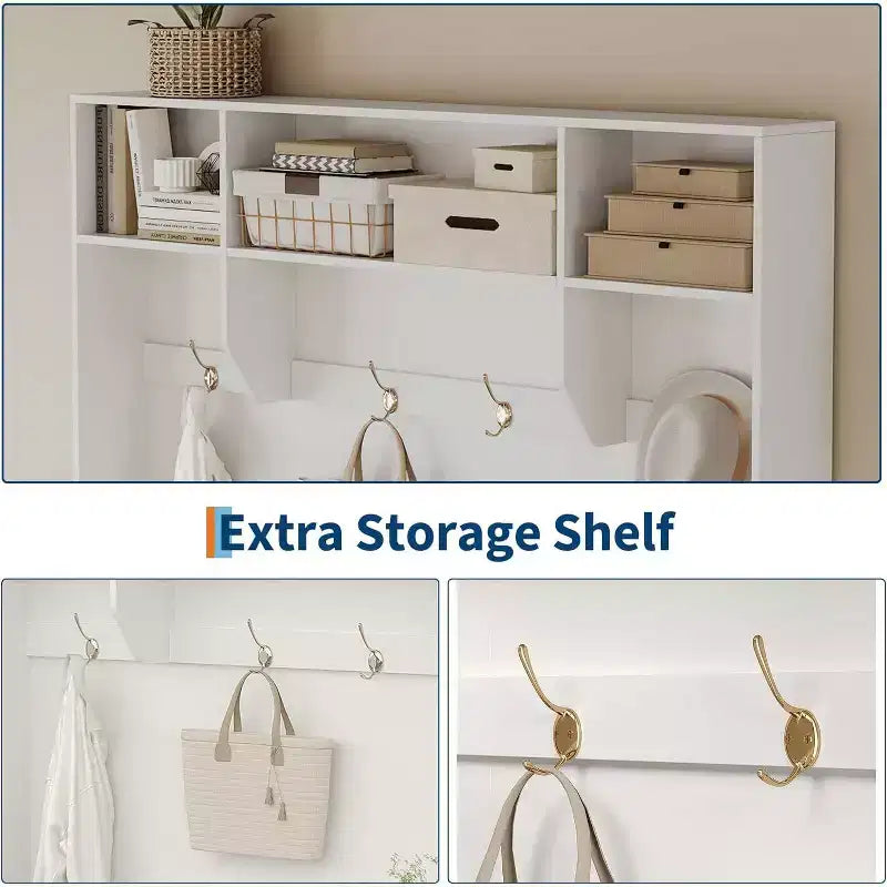 Mobile da ingresso 5-in-1 da 79" con panca, appendiabiti, 4 ganci, armadietti e mensole, Bianco rustico