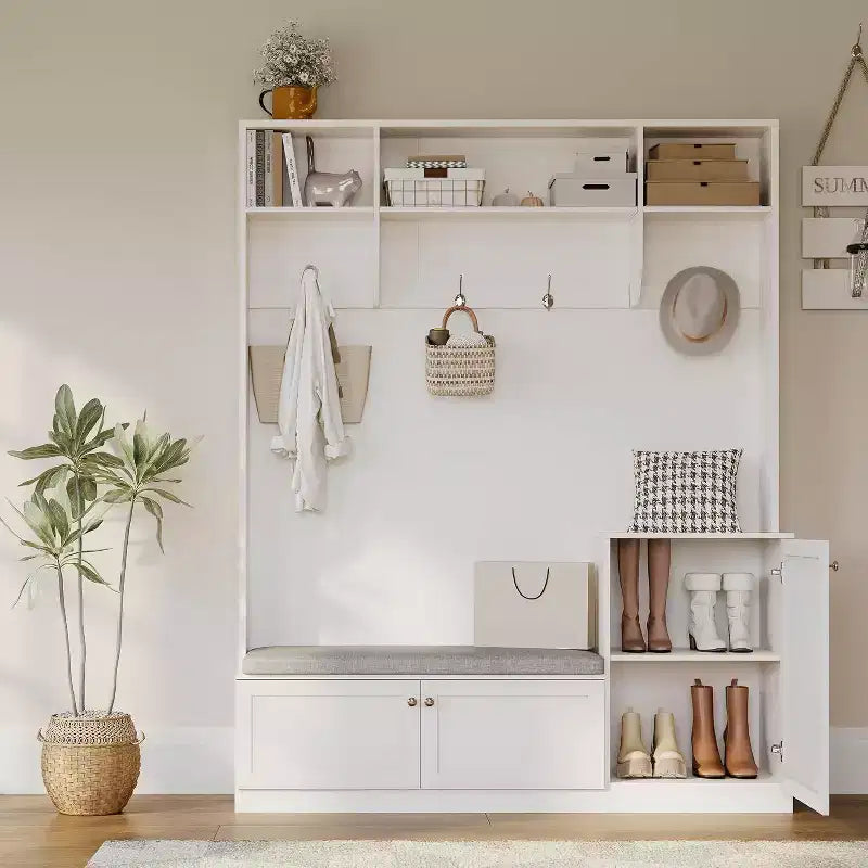 Mobile da ingresso 5-in-1 da 79" con panca, appendiabiti, 4 ganci, armadietti e mensole, Bianco rustico
