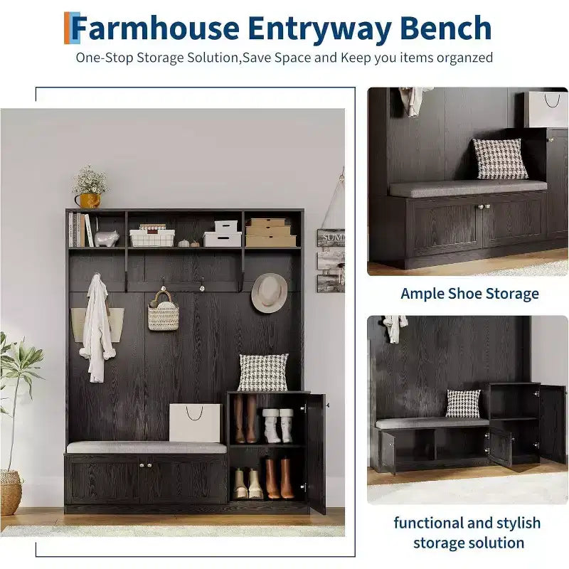 Mobile da ingresso 5-in-1 da 79" con panca, appendiabiti, 4 ganci, armadietti e mensole, Bianco rustico