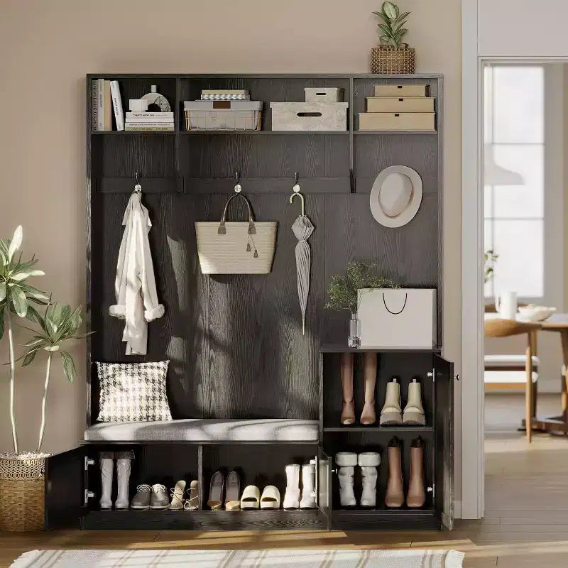 Mobile da ingresso 5-in-1 da 79" con panca, appendiabiti, 4 ganci, armadietti e mensole, Bianco rustico