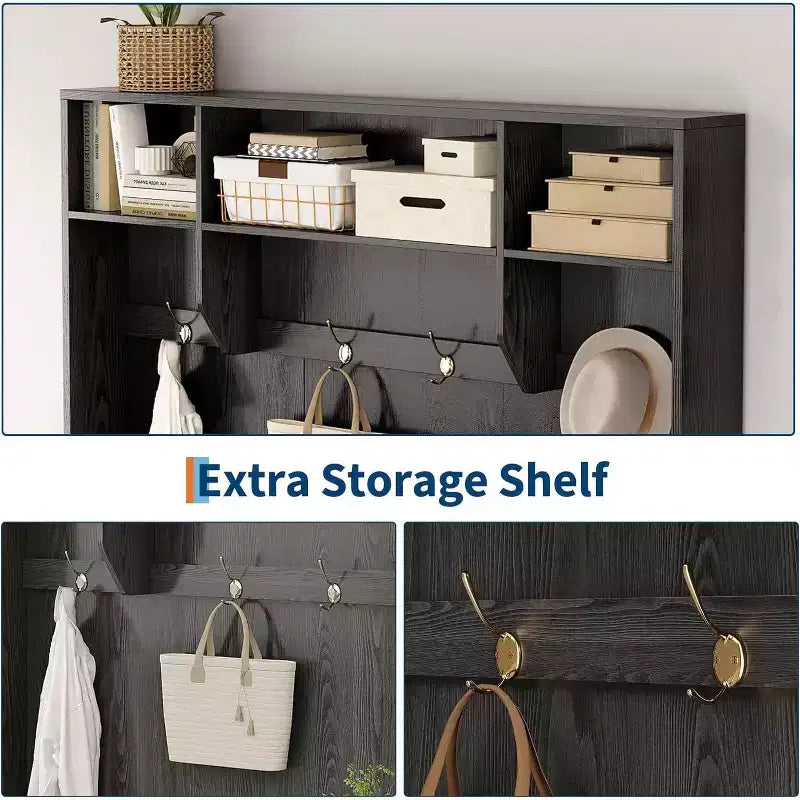 Mobile da ingresso 5-in-1 da 79" con panca, appendiabiti, 4 ganci, armadietti e mensole, Bianco rustico