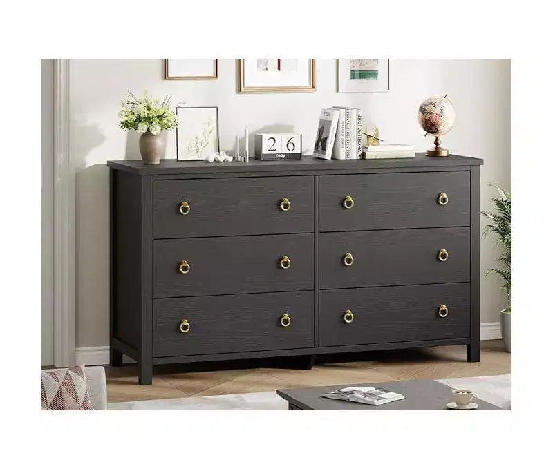 Dresser for Bedroom with 6 Drawers, Wooden Chest with Clothes Storage CabinetWide Dresser with Chest of Drawers,Black