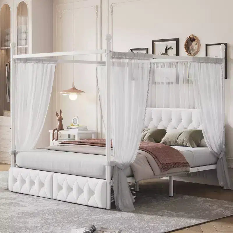 GDFStudio Barger Queen Size Metal Canopy Platform Bed with Storage Drawers