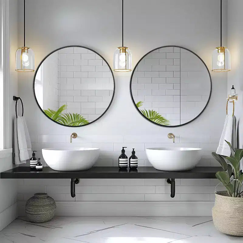 Specchio da parete rotondo in lega di alluminio nero, 89 cm × 89 cm, design a bordo sottile