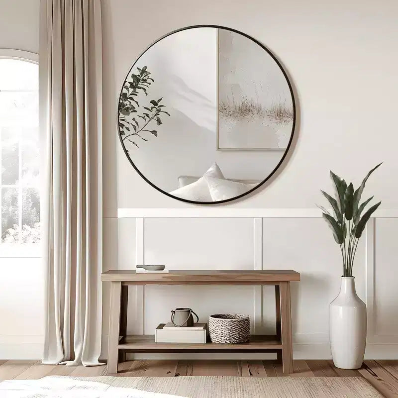 Specchio da parete rotondo in lega di alluminio nero, 89 cm × 89 cm, design a bordo sottile