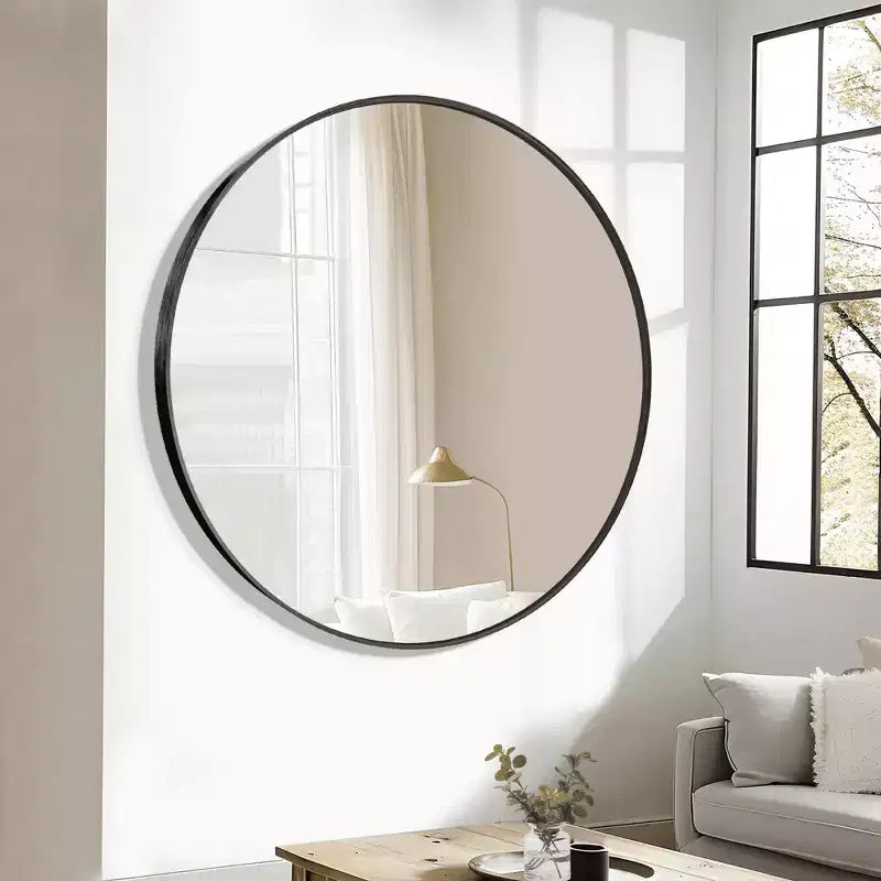 Specchio da parete rotondo in lega di alluminio nero, 89 cm × 89 cm, design a bordo sottile