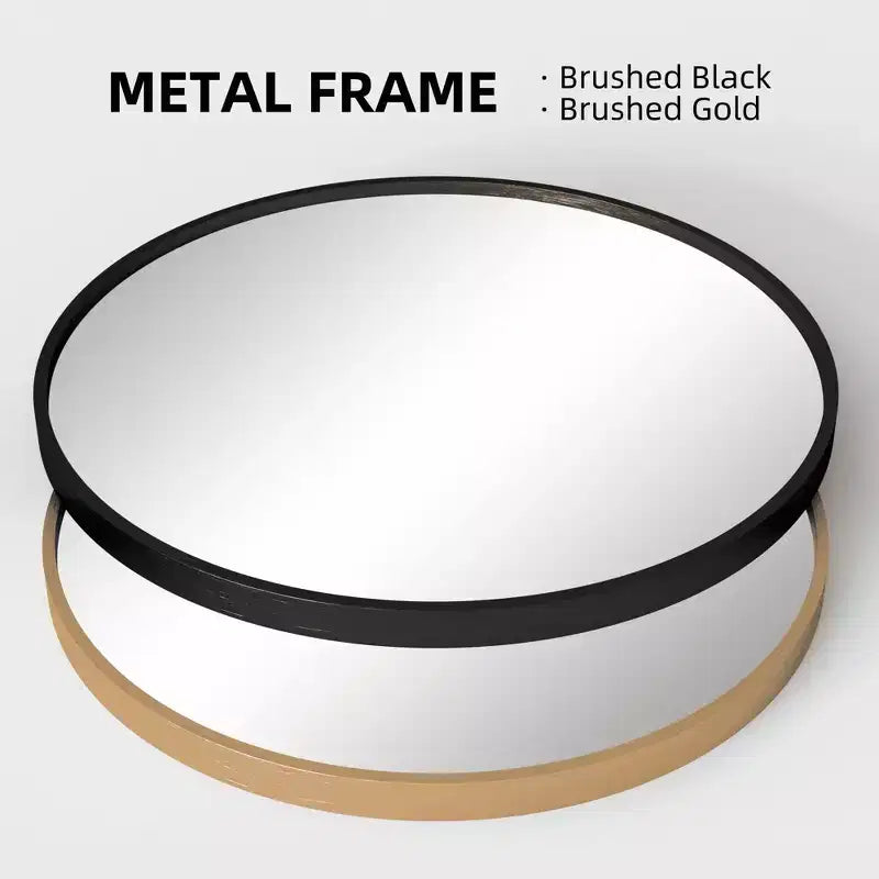 Specchio da parete rotondo in lega di alluminio nero, 89 cm × 89 cm, design a bordo sottile