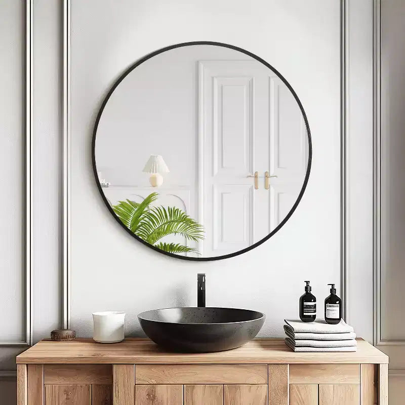 Specchio da parete rotondo in lega di alluminio nero, 89 cm × 89 cm, design a bordo sottile