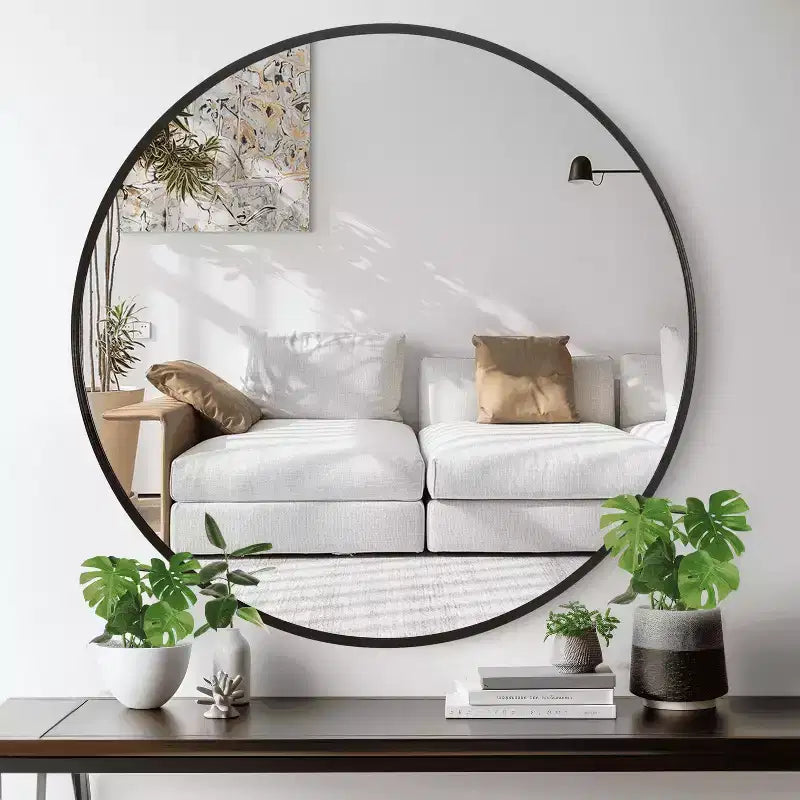 Specchio da parete rotondo in lega di alluminio nero, 89 cm × 89 cm, design a bordo sottile