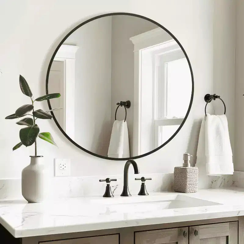 Specchio da parete rotondo in lega di alluminio nero, 89 cm × 89 cm, design a bordo sottile