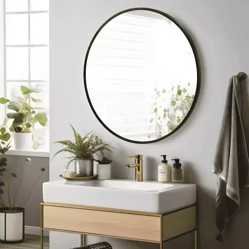 Specchio da parete rotondo in lega di alluminio nero, 89 cm × 89 cm, design a bordo sottile