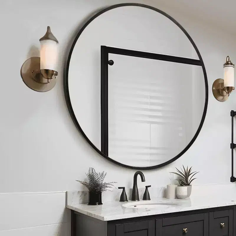 Specchio da parete rotondo in lega di alluminio nero, 89 cm × 89 cm, design a bordo sottile