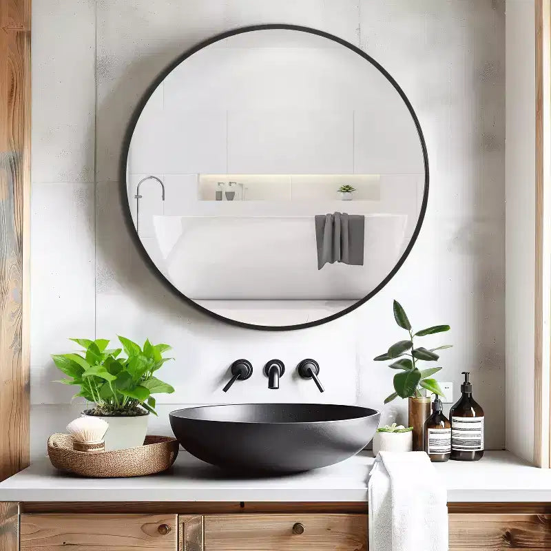 Specchio da parete rotondo in lega di alluminio nero, 89 cm × 89 cm, design a bordo sottile