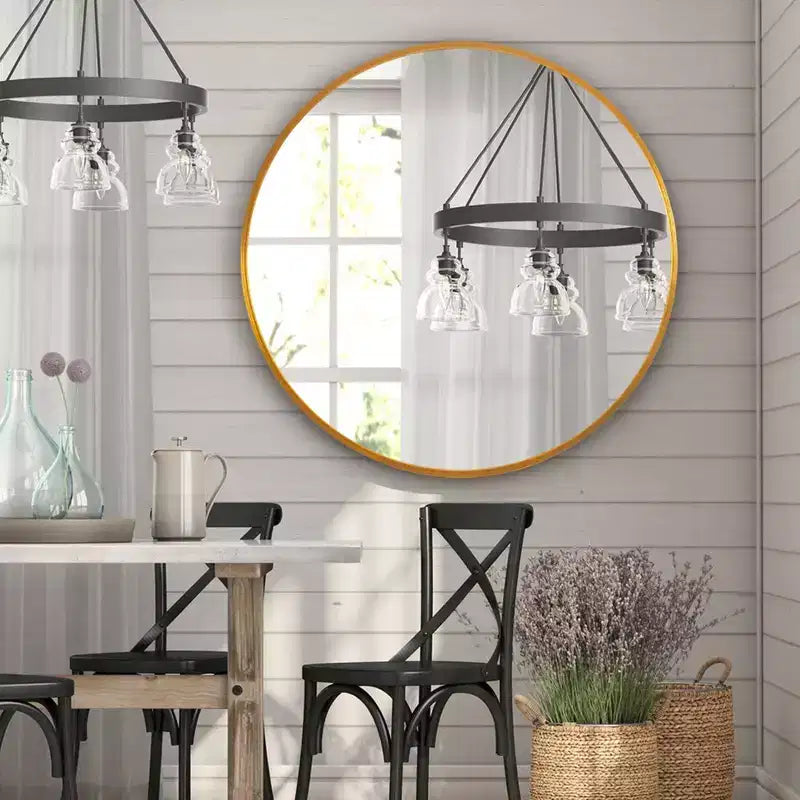 Specchio da parete rotondo in lega di alluminio nero, 89 cm × 89 cm, design a bordo sottile