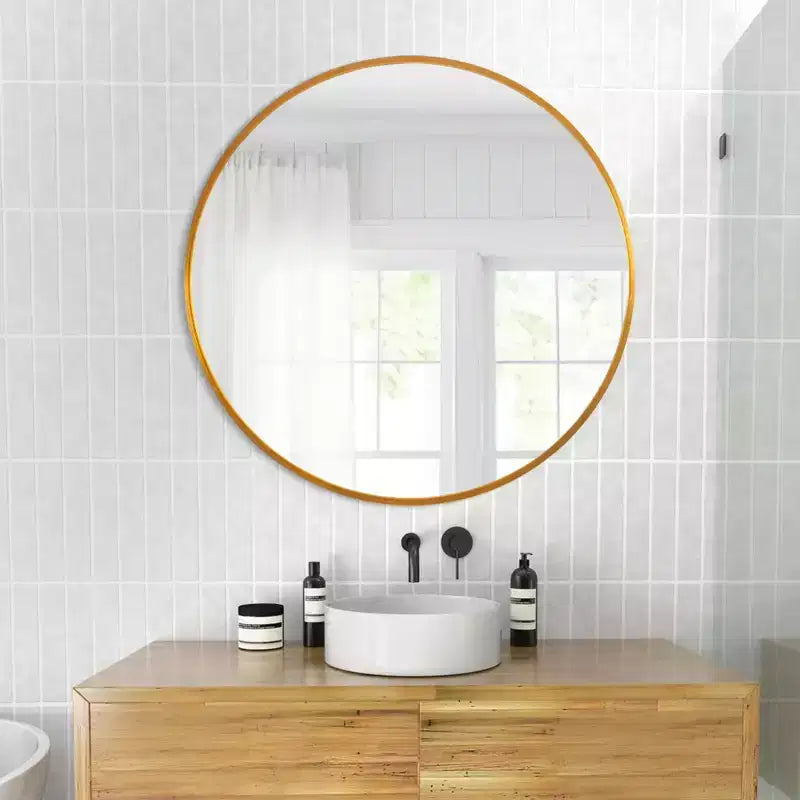 Specchio da parete rotondo in lega di alluminio nero, 89 cm × 89 cm, design a bordo sottile