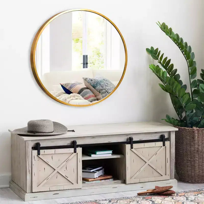 Specchio da parete rotondo in lega di alluminio nero, 89 cm × 89 cm, design a bordo sottile