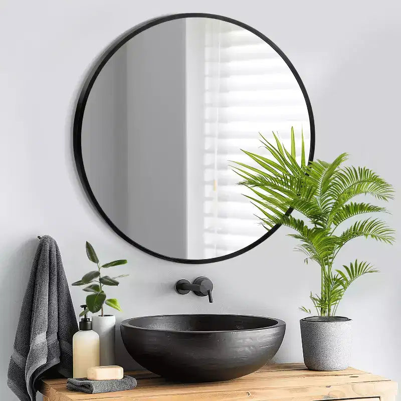 Specchio da parete rotondo in lega di alluminio nero, 89 cm × 89 cm, design a bordo sottile