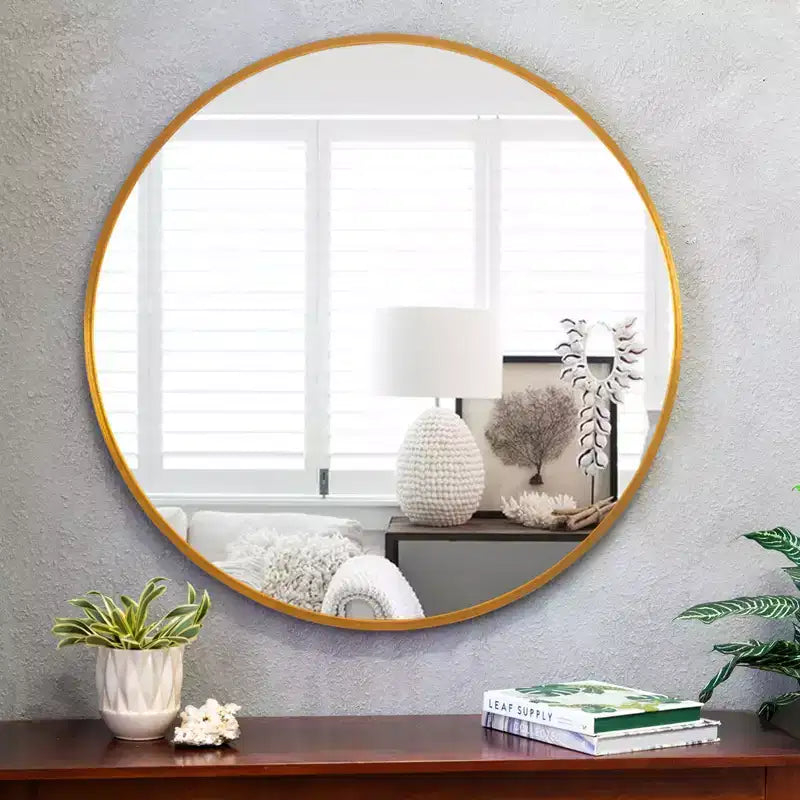 Specchio da parete rotondo in lega di alluminio nero, 89 cm × 89 cm, design a bordo sottile