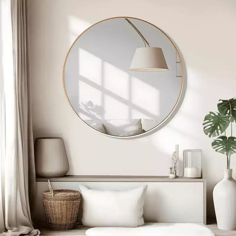 Specchio da parete rotondo in lega di alluminio nero, 89 cm × 89 cm, design a bordo sottile