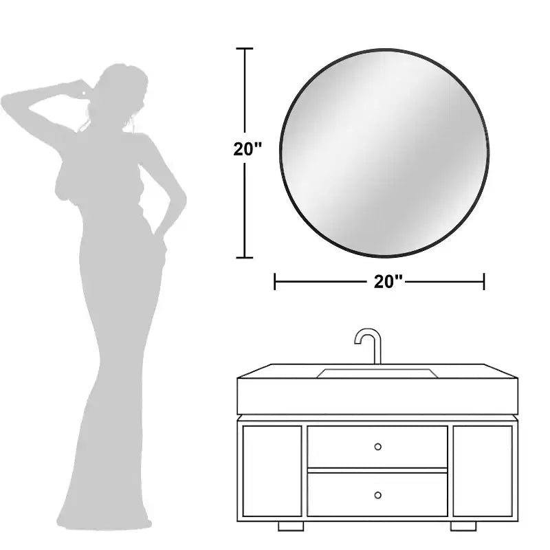 Specchio da parete rotondo in lega di alluminio nero, 89 cm × 89 cm, design a bordo sottile