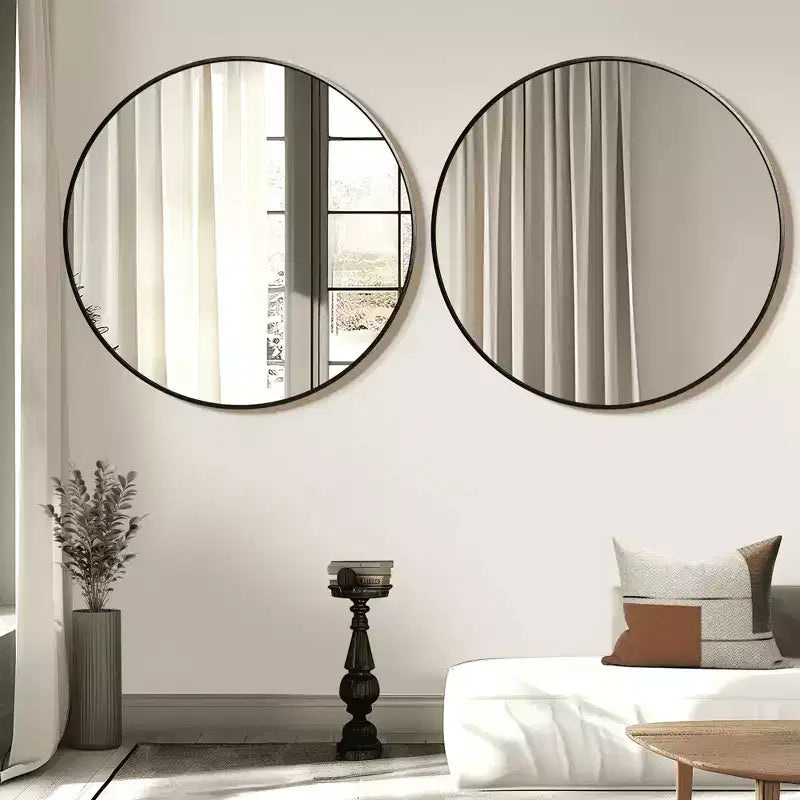 Specchio da parete rotondo in lega di alluminio nero, 89 cm × 89 cm, design a bordo sottile