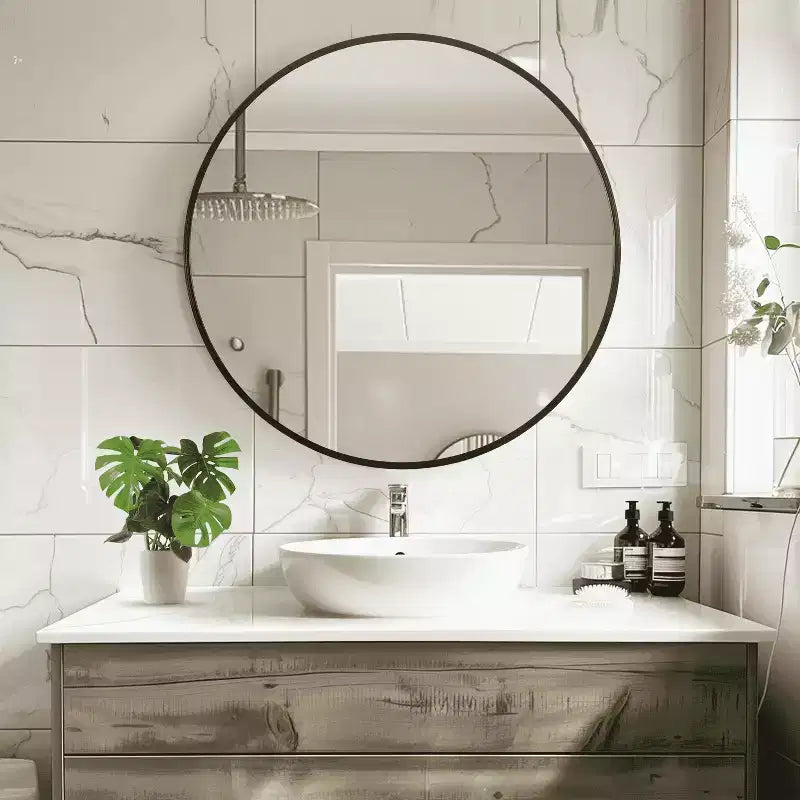 Specchio da parete rotondo in lega di alluminio nero, 89 cm × 89 cm, design a bordo sottile