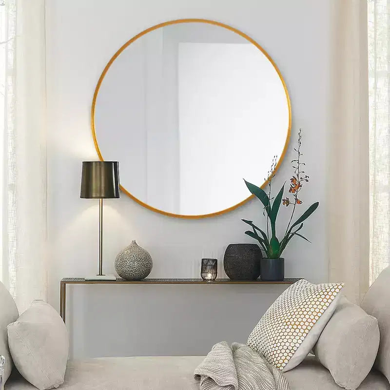 Specchio da parete rotondo in lega di alluminio nero, 89 cm × 89 cm, design a bordo sottile