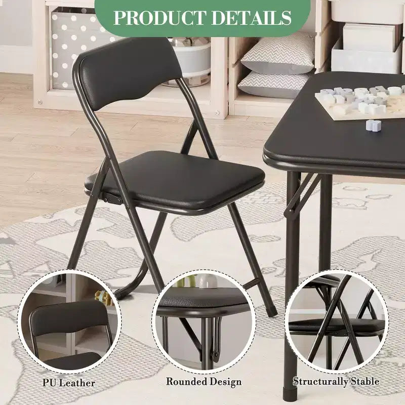 Set da 3 Pezzi di Tavolo e Sedie Pieghevoli per Bambini con Cuscino in PU – Nero, Beige e Grigio