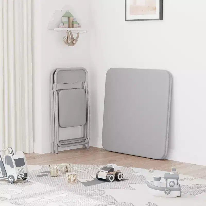 Set da 3 Pezzi di Tavolo e Sedie Pieghevoli per Bambini con Cuscino in PU – Nero, Beige e Grigio