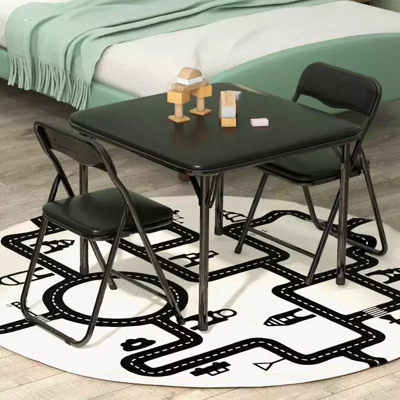 Set da 3 Pezzi di Tavolo e Sedie Pieghevoli per Bambini con Cuscino in PU – Nero, Beige e Grigio