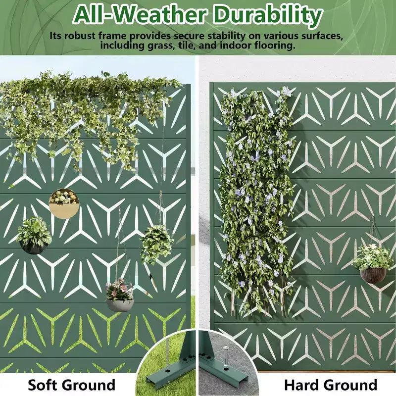 Schermo privacy per esterni a 6 pannelli in acciaio galvanizzato verde scuro, resistente alle intemperie, 72"x47"