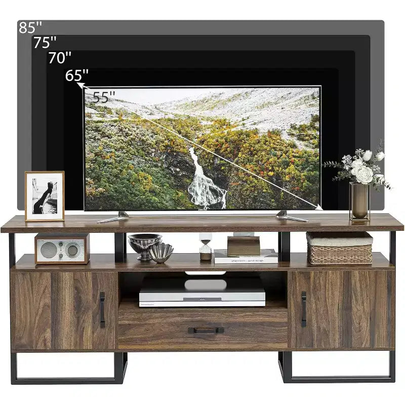Mobile TV industriale da 70 pollici con cassetti, legno marrone e metallo nero