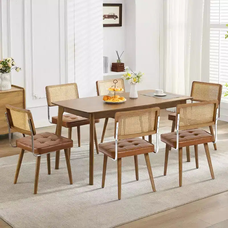 Sedie da pranzo in rattan naturale di metà secolo, set da 4, sedie da cucina imbottite in velluto con schienale alto in canna d'India e robuste gambe in legno