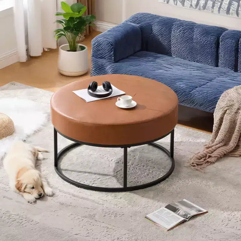 Tavolino/Pouf Contenitore Rotondo in ciniglia con gambe in metallo, capacità 136 kg