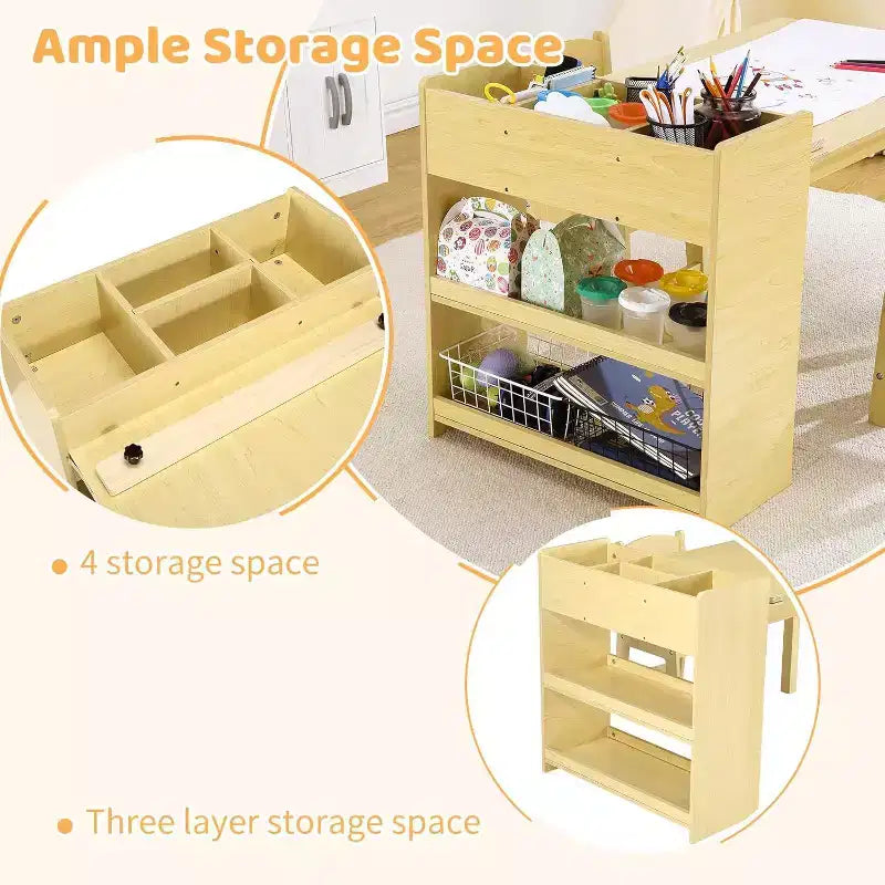 Tavolo da disegno per bambini con 2 sedie, scrivania in legno per attività artigianali per bambini con ampi ripiani portaoggetti per scrivere e disegnare