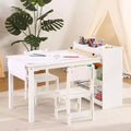 Kids Art Table with 2 Chairs, Toddler Craft Play Wood Activity Desk with Large Storage Shelves for Writing Drawing
