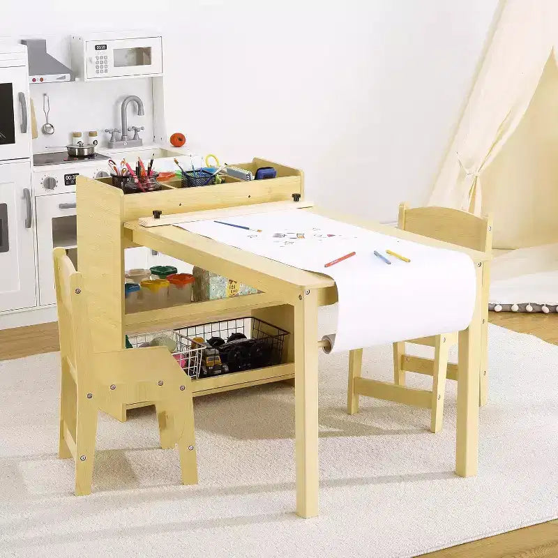 Tavolo da disegno per bambini con 2 sedie, scrivania in legno per attività artigianali per bambini con ampi ripiani portaoggetti per scrivere e disegnare