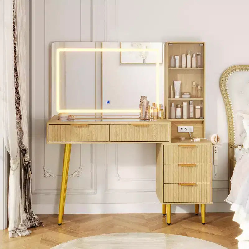 Toeletta da trucco con specchio, grande tavolo da trucco da 48W con 5 cassetti e ripiani aperti, toeletta con piano in vetro per camera da letto