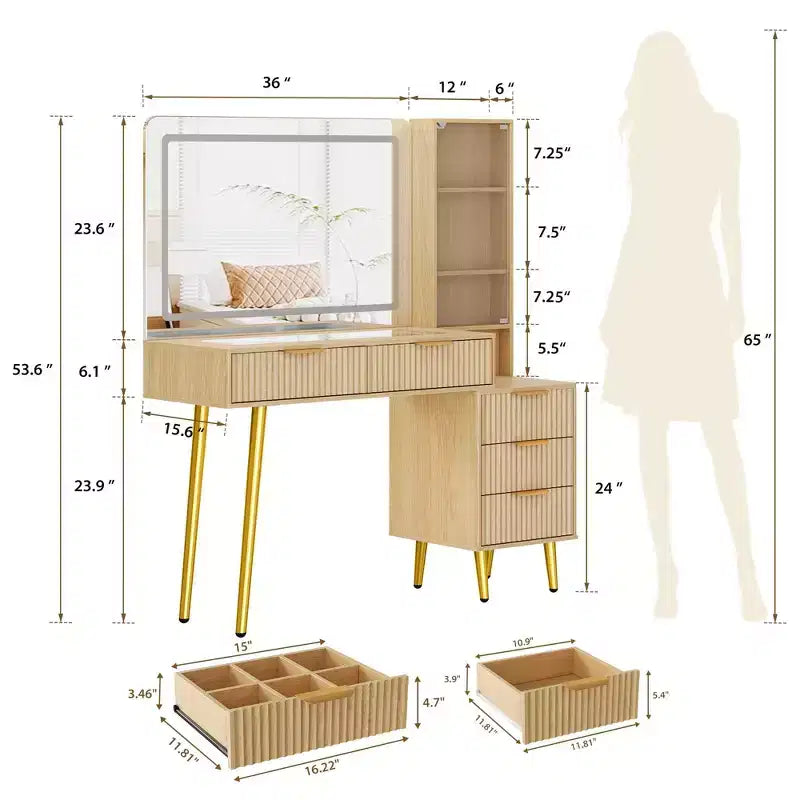 Toeletta da trucco con specchio, grande tavolo da trucco da 48W con 5 cassetti e ripiani aperti, toeletta con piano in vetro per camera da letto