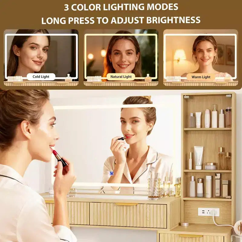 Toeletta da trucco con specchio, grande tavolo da trucco da 48W con 5 cassetti e ripiani aperti, toeletta con piano in vetro per camera da letto
