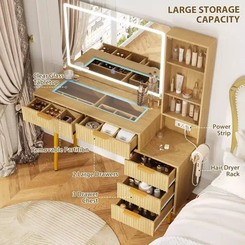 Toeletta da trucco con specchio, grande tavolo da trucco da 48W con 5 cassetti e ripiani aperti, toeletta con piano in vetro per camera da letto